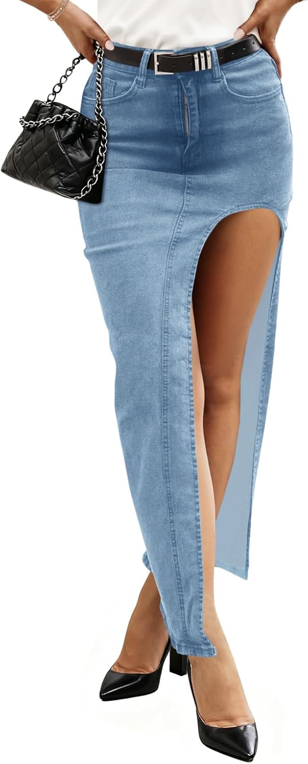 Wenrine Women's Sexy High Waist Denim Skirt Split Zip Up Jean Skirt Casual Maxi Skirt with Pockets - Image 2