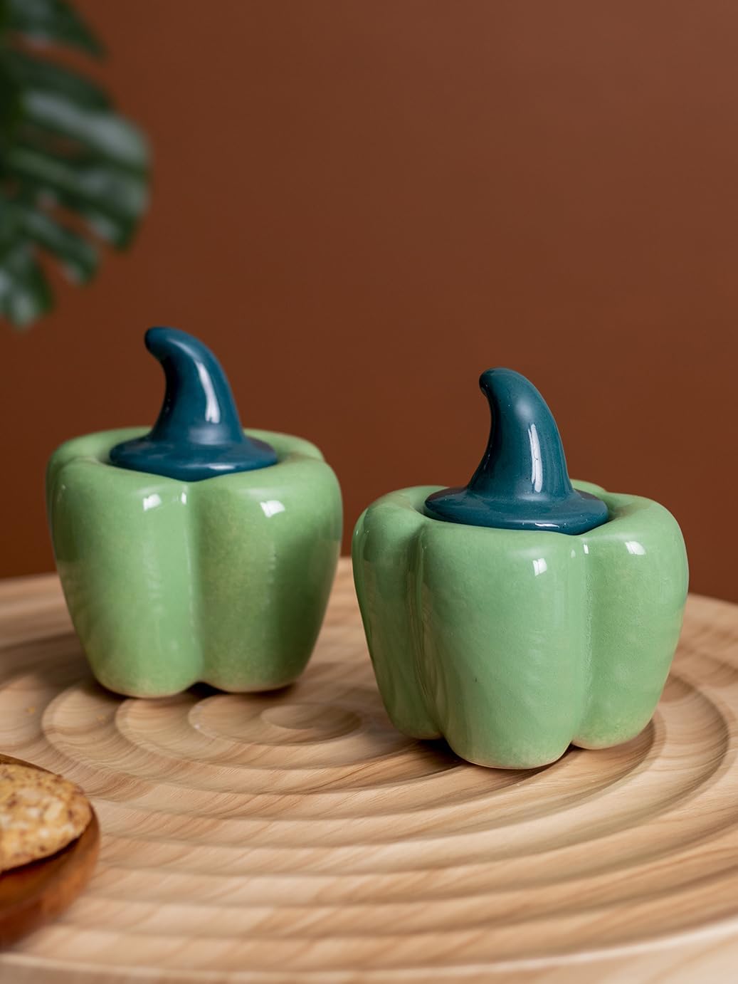 The Decor Lane Ceramic Handcrafted Multi Utility Storage Capsicum Shaped Jar with Lid 500 ml | Ceramic Kitchen Canister | Cookie Jar | Pickle Storage Jar | Burni (Pack of 2) (Green)