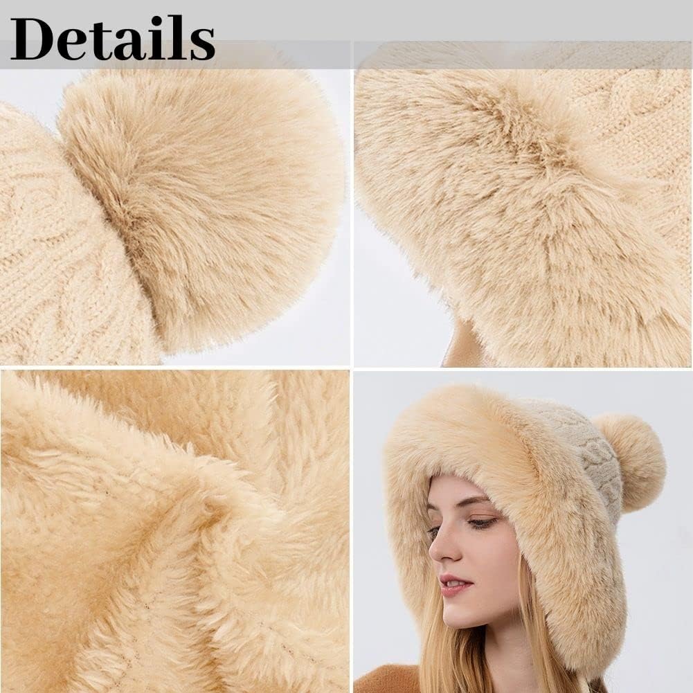 Winter Beanie Hats for Women with Ear Flaps Faux Fur Crochet Skull Cap Warm Outdoor Ski Snow Hats Pompoms - Image 5