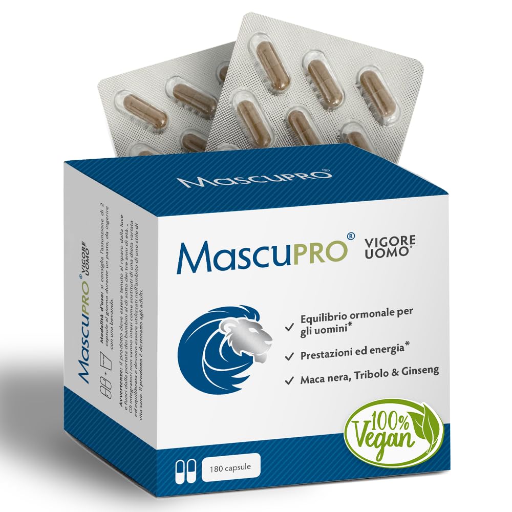 MascuPRO® Vigore Uomo Maca Nera - Estratto di Maca 20:1 con Tribulus terrestris, Cordyceps, Fieno greco, Zinco, Ginseng | Energia ed prestazioni | 180 capsule