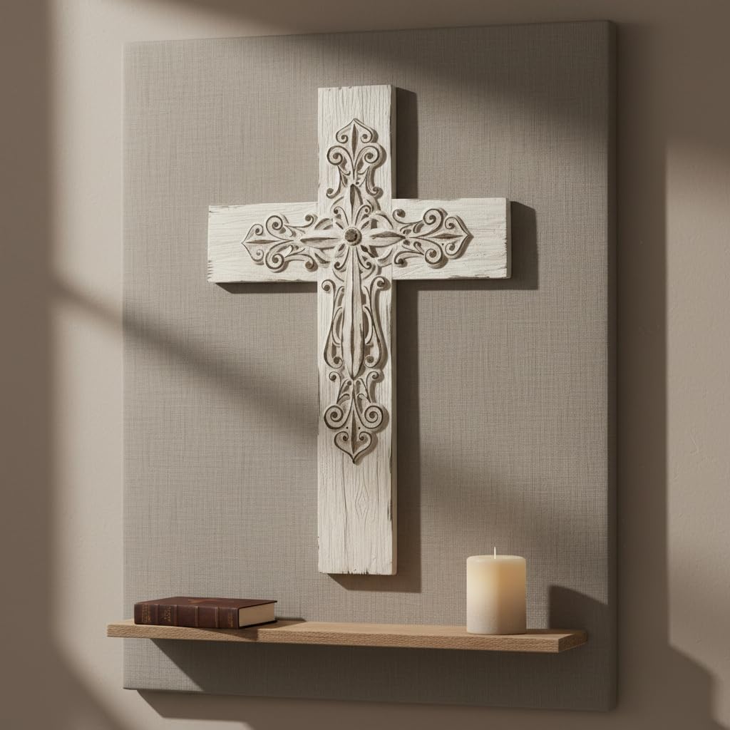 Comfy Hour 13" Decorative Layered Wall Cross, Antique Style Copper Tone Cross on Rustic Wood Look Base, Artisan Crafted Resin Plaque for Home and Office Wall Art (White)
