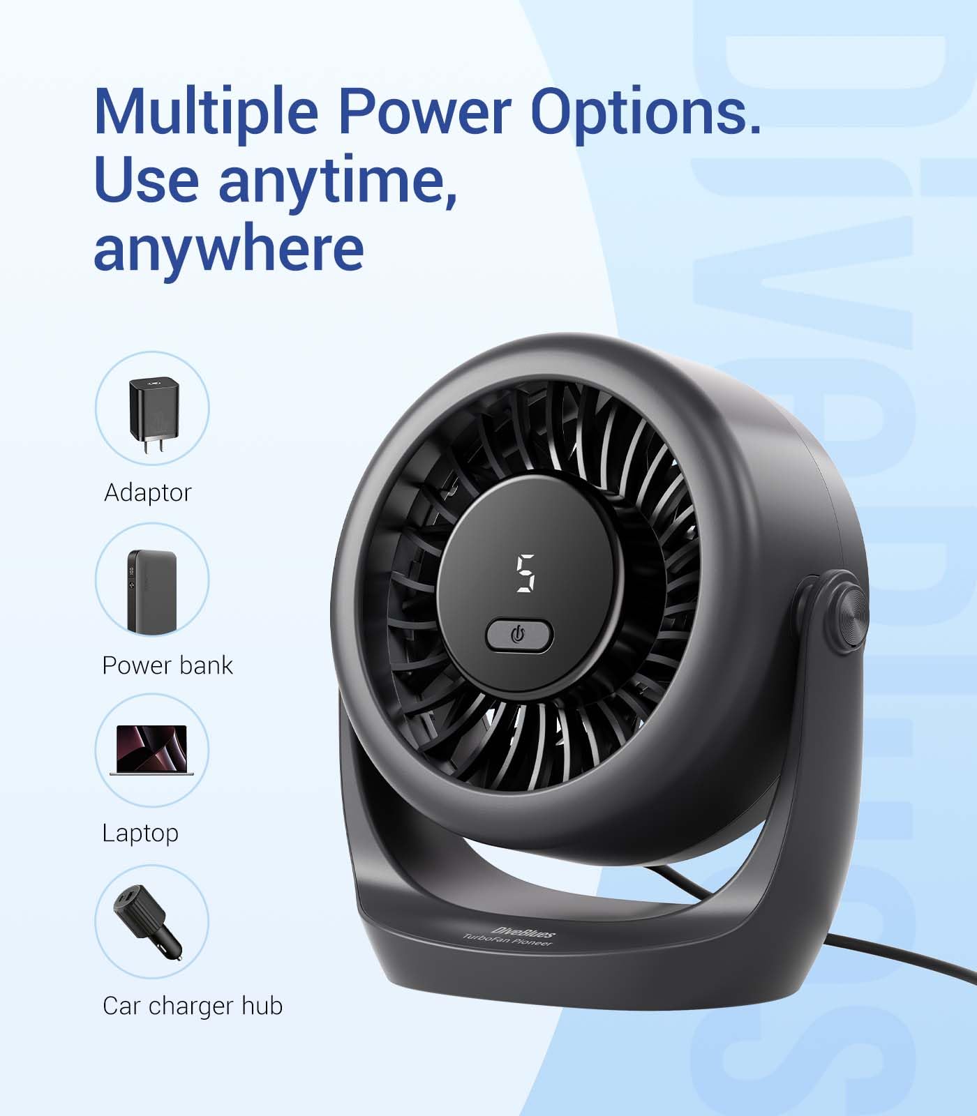Diveblues Ventilatore da Scrivania USB, Mini Ventilatore Ultra Silenzioso, Potente, Display LED, 5 Velocità, Rotazione 360°, Portatile per Casa, Ufficio & Esterno – TurboBreeze