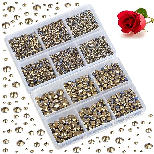Image of Bymitel Hotfix Crystal Rhinestones Round Gems for Crafts,Mixed 6 Sizes with Wax Pencil Kit, Aurum 1.6-6.3mm SS4-SS30 /8000pcs