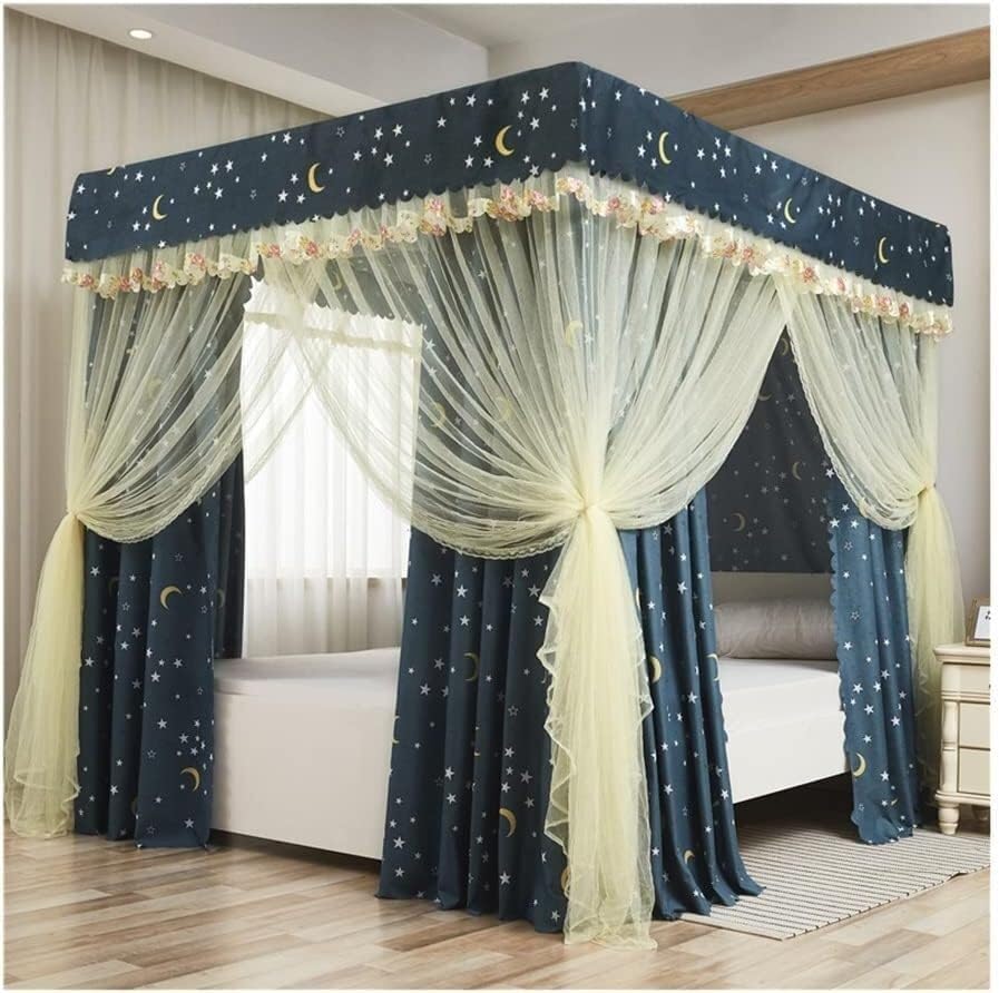 Moustiquaire lit de princesse 4 poteaux d'angle rideau bleu gris