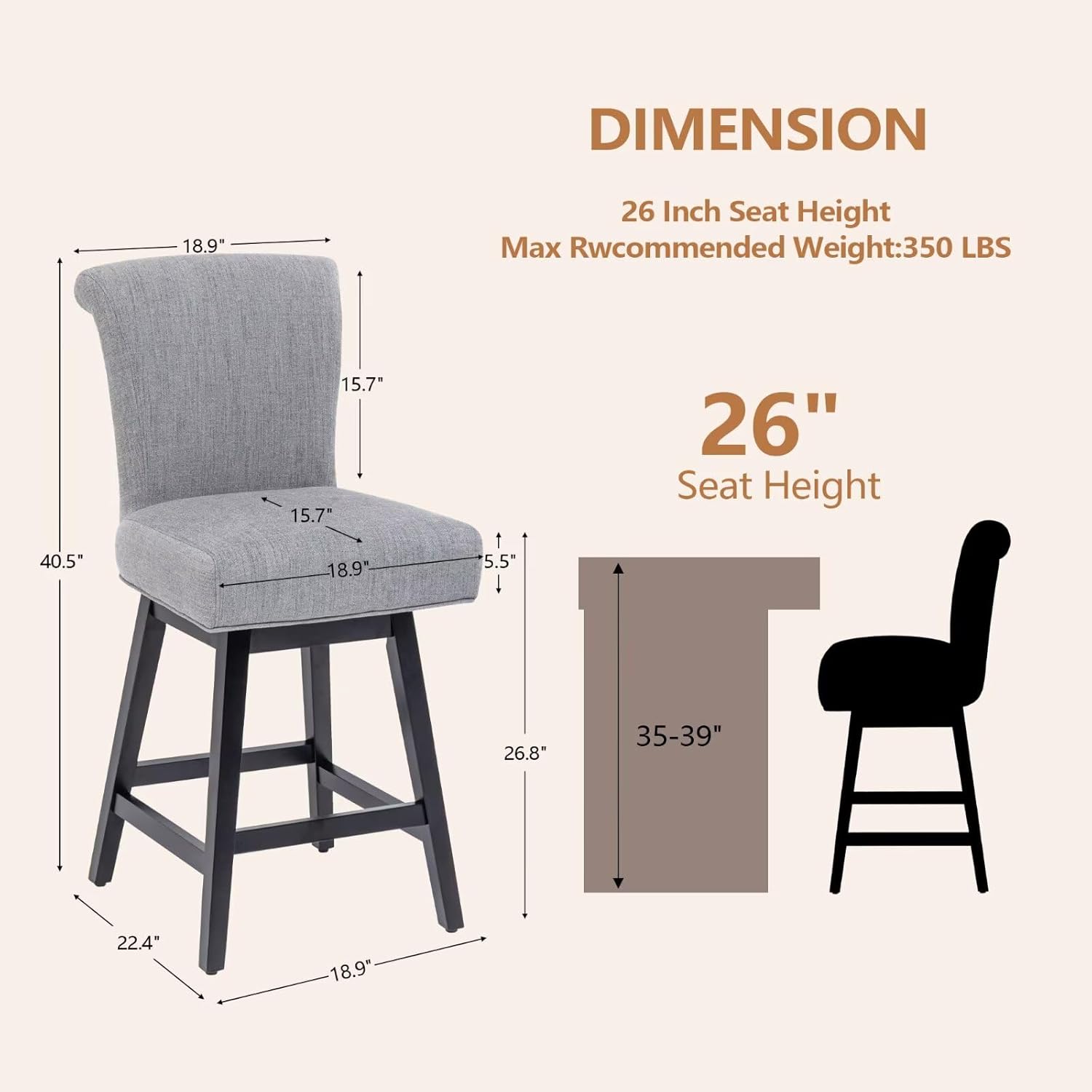 26" Swivel Bar Stool, Upholstered Counter Height Barstools with 15.7" High Back, Footrest & 350LB Capacity for Kitchen Island, Home Bar Performance Fabric Gray