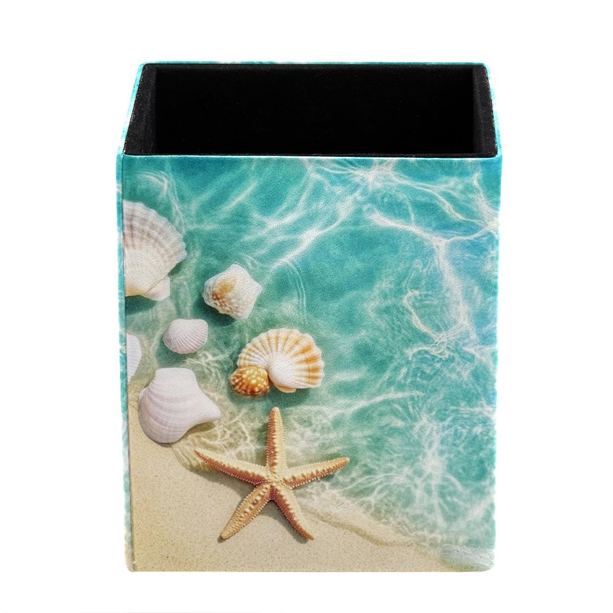 Beach Seashell Starfish Pen Holder Pen Pot, Square Pencil Cup for Desk