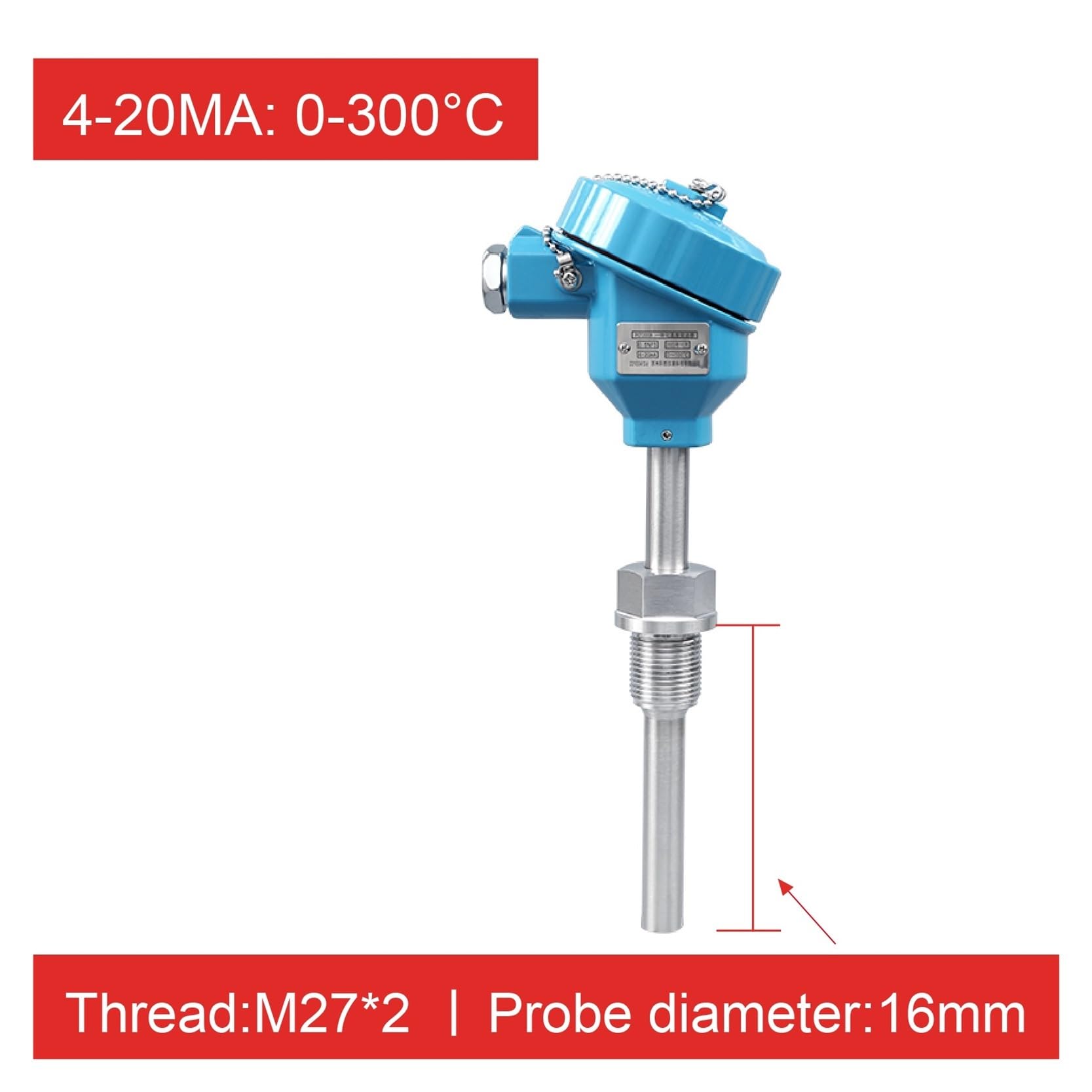 sensor Transmisor de temperatura PT100, sensor RTD de 4-20 mA, sonda de temperatura integrada, módulo industrial de acero inoxidable(0-300 4-20MA,100mm)