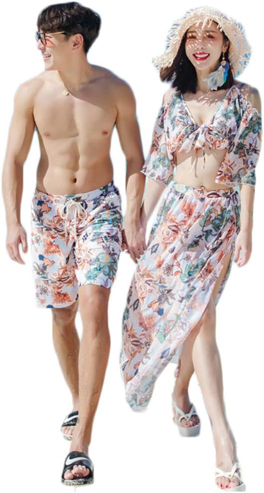 [レモンツリーセブン] ペア水着 男女5点セット 水着 カップル水着 レディース メンズ サーフィンパンツ パレオ 体型カバー ワイヤー入り タンキニ お揃い ご夫婦 おしゃれ 海水浴 旅行 南国風