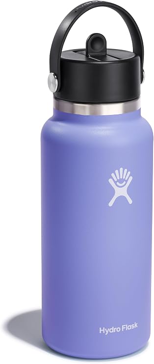Hydro Flask Water Bottle - Insulated Stainless Steel - Wide Mouth Flex Straw Lid, Non Spill, Leakproof and Refillable in 32 Oz Lupine