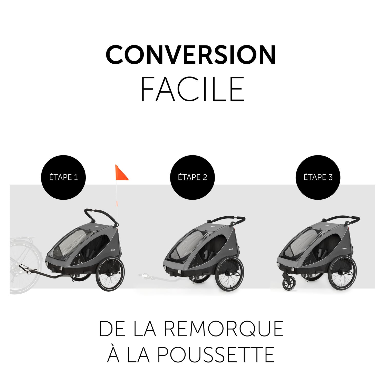 hauck Remorque Velo et Poussette 2 Enfants 2-en-1 Dryk Duo (6 Mois à 120 cm / 22 kg), inclus Barre d'Attelage, Attache Vélo, Roue Avant, Fanion et Feu Arrière – Pliable, Coffre XL – Gris