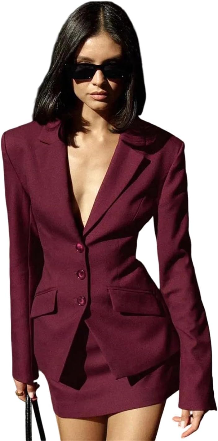Women Wine Red Two Piece Set Elegant Long Sleeve Single Breasted Blazers and Slim Mini Skirts Sets
