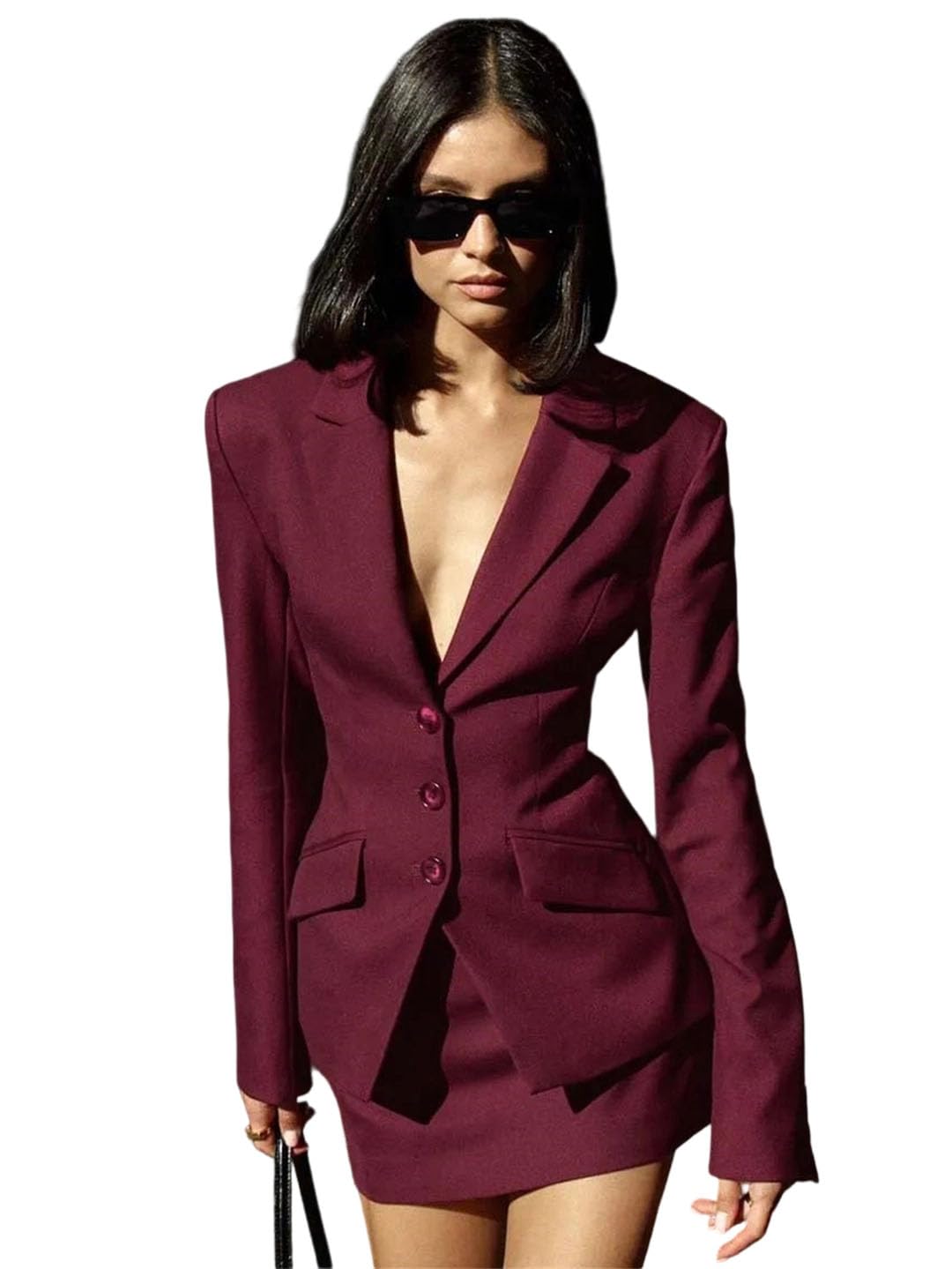 Women Wine Red Two Piece Set Elegant Long Sleeve Single Breasted Blazers and Slim Mini Skirts Sets