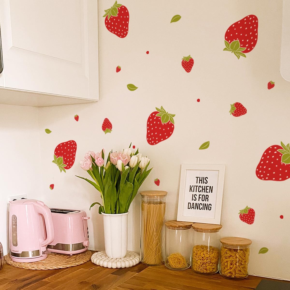 4 Sheets 92 Pieces Strawberry Wall Decals Fresh Fruit Wall Stickers DIY Peel and Stick Green Leaf Strawberry Wall Art Wallpaper for Bedroom Living Room Kid's Room Nursery Apartment Decoration