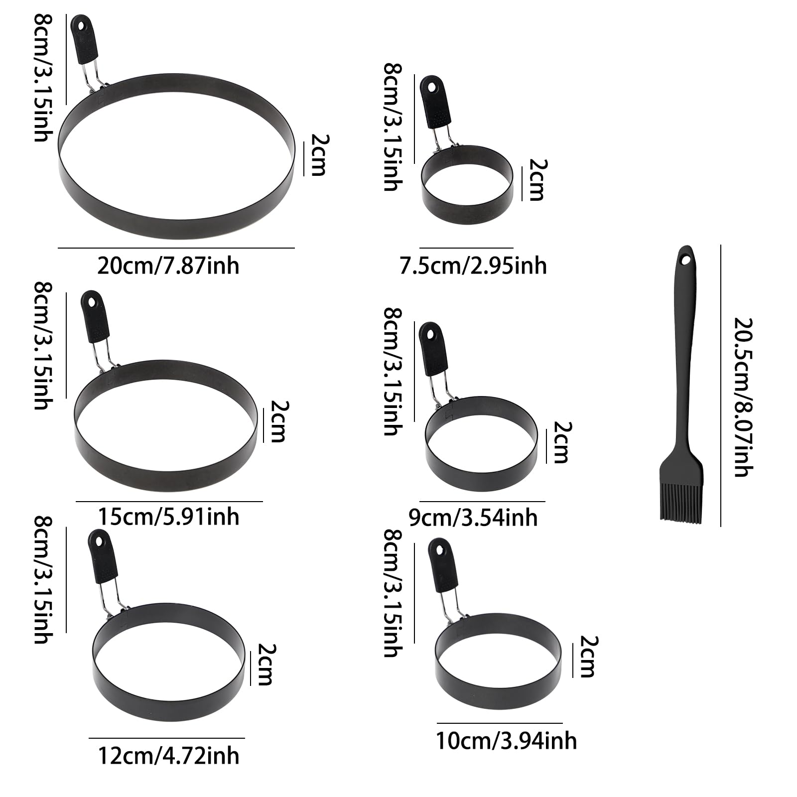 6pcs Stampo per Uova in Acciaio Inox Stampi ad Anello per Arrosti con Manico Pieghevole Anelli per Uova in Acciaio Inossidabile per Omelette per Uova,Frittelle,Muffin(7.5/9/10/12/15/20cm)