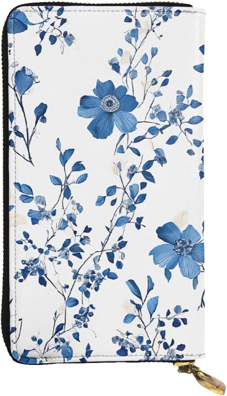 Leather Wallet For Women & Girls, Blue Flower Floral, Long Zipper Coin Pocket Organizer Clutch, Large Capacity Checkbook Travel Wallet For Mother, Credit Card & Id Holder Bifold Wallets For Ladies
