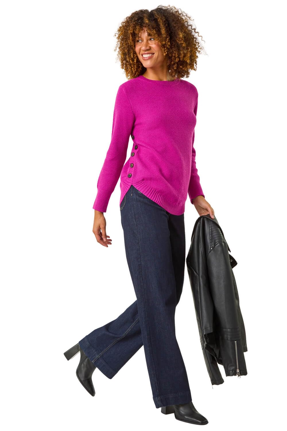 Roman Women's Magenta Textured Curved Hem Jumper In | Size: 18