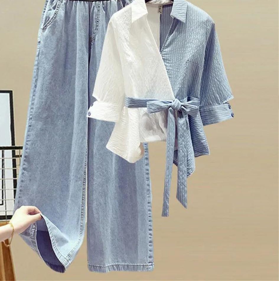 Women's Summer Chiffon Shirt Set Elegant Casual Blouse Elastic Waist Jeans Pant Two Piece Set2