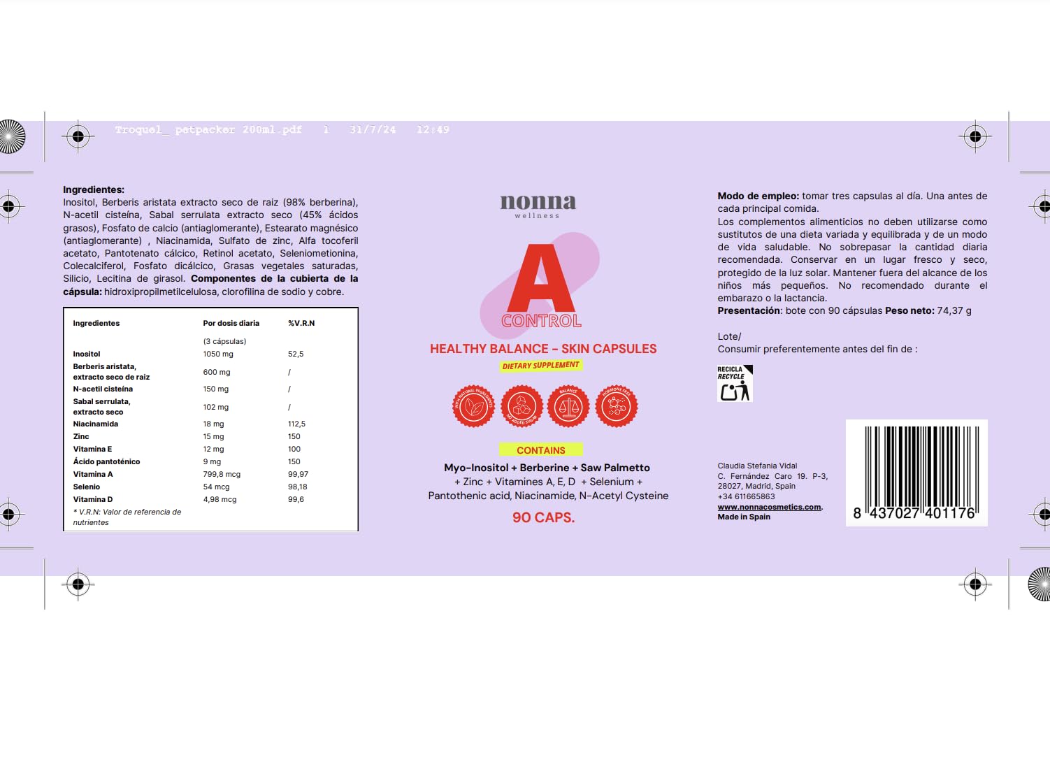 Myo-Inositol + Zinc + Berberina - 11 Activos - Trata el Acné Hormonal | Equilibrio Hormonal Femenino - para Ciclos Irregulares y SOP - Reduce Caída del Cabello - 90 cápsulas | Nonna Cosmetics