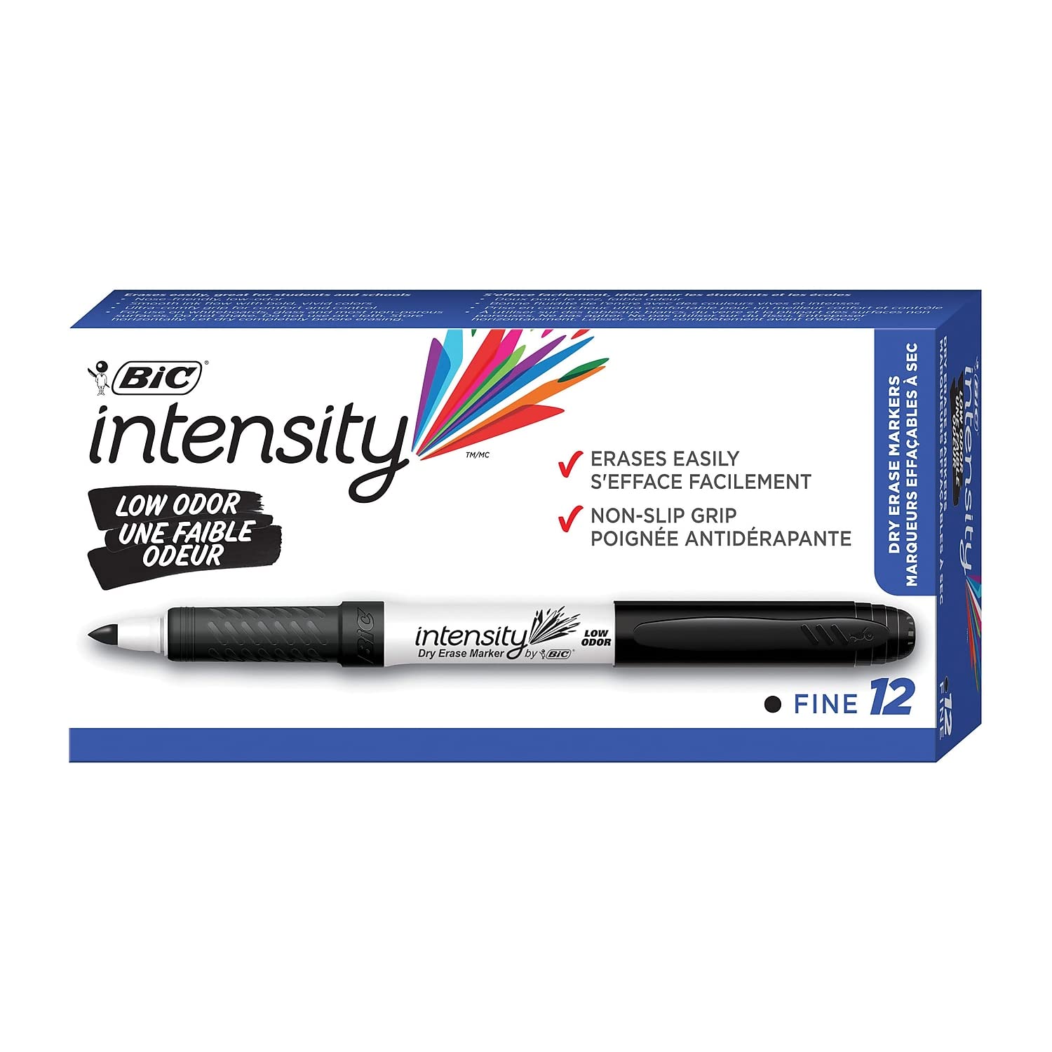 Bic Marcadores de pizarra blanca de borrado en seco, punta fina, negro, 12 unidades (GDE11-BK)
