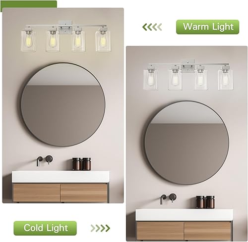 Miniatura 5 de Espird Lámpara de tocador de baño de 4 luces, níquel mate, diseño cuadrado, certificación UL, luces cuadradas de baño de 26 pulgadas plateadas sobre