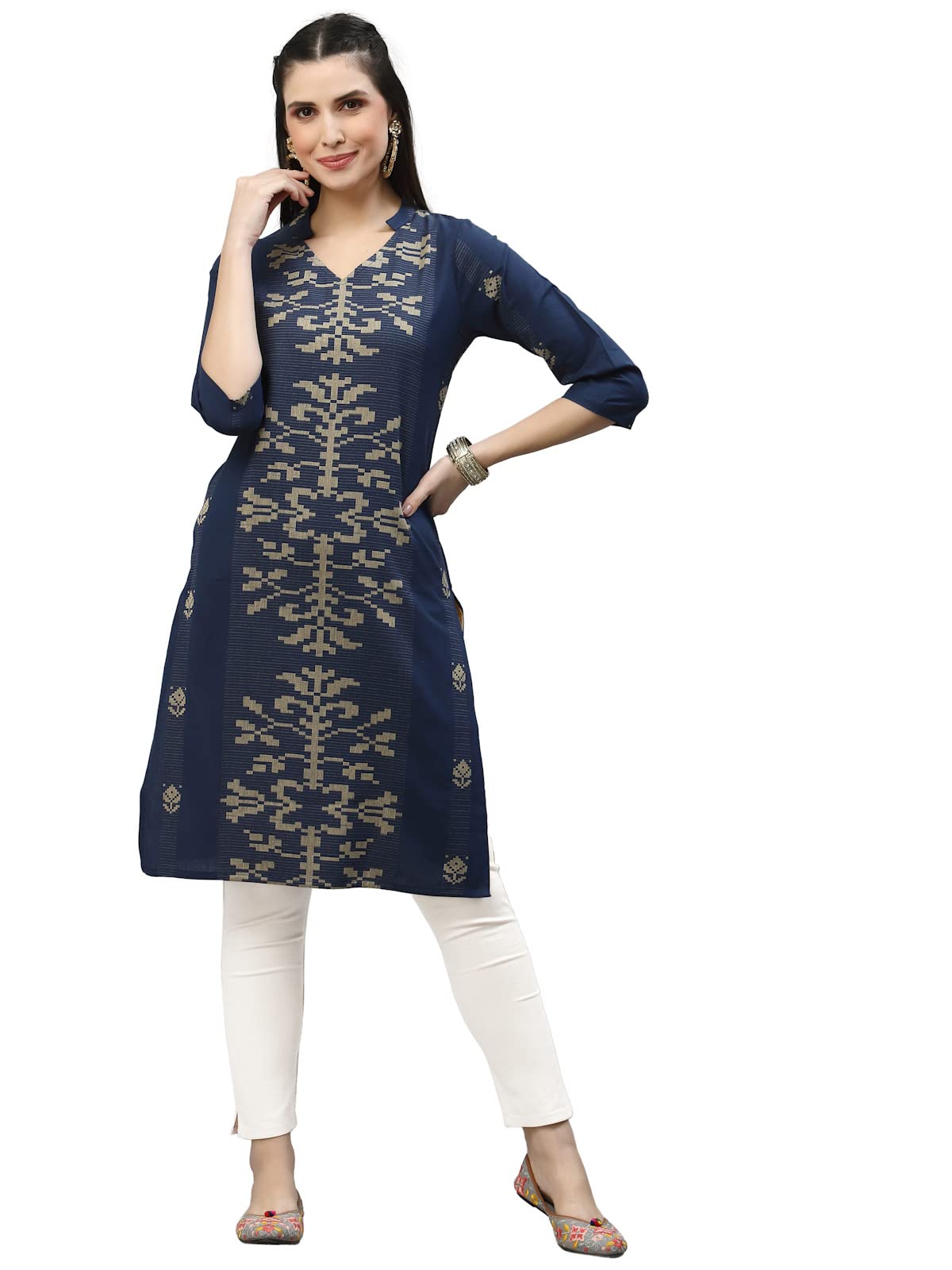 Krya Women's Straight Cotton Navy Blue Kurta