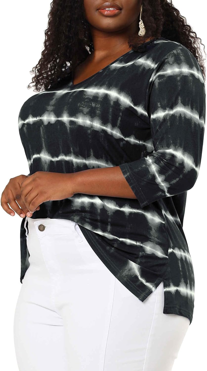 Agnes Orinda Plus Size t Shirt for Women V Neck 3/4 Sleeve Loose Casual Blouse Striped Tie Dye Print Tops - Image 2