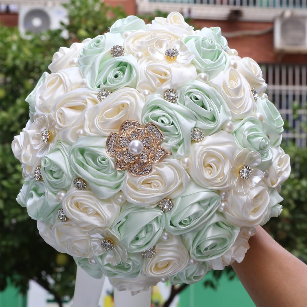 Bridal Wedding Bouquet with Rhinestone Brooch Pearl Bouquet for Bride Bridesmaid Quinceanera Rose Flower Bridal Bouquet Wedding Light Green and Ivory 8.7in