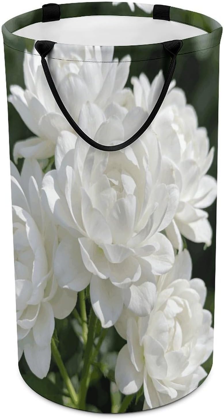 Flower White Laundry Hamper 86L Waterproof Collapsible Clothes Basket with Double Handles Freestanding Foldable Laundry Basket Large Clothes Hamper for Bathroom