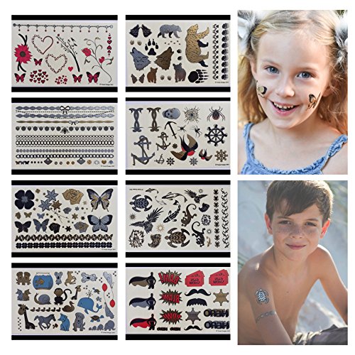 Twink Designs Temporary Tattoos for Kids | 166 Tattoos on 8 Sheets for Boys and Girls | for Party Favors and Supplies | Stocking Stuffers and Goodie Bags | Fake Metallic Temporary Tatoos for Children
