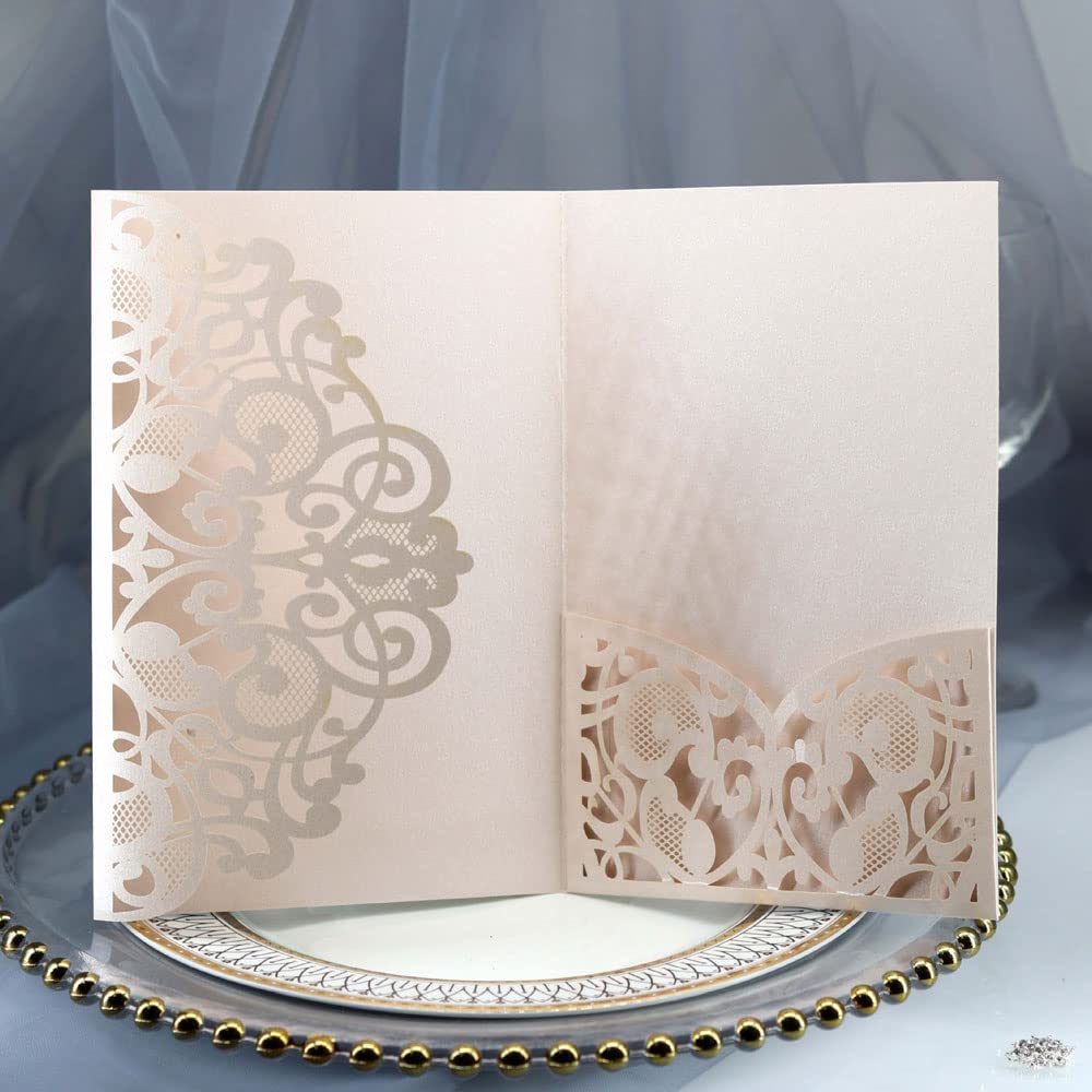 Delikatna romantyczna karta z zaproszeniem na przy Koperty - 50 sztuk zaproszeń czystych - personalizowane zaproszenia papierowe na przyjęcie zaręczynowe lub eleganckie zaproszenia(Light Gold,Blank)