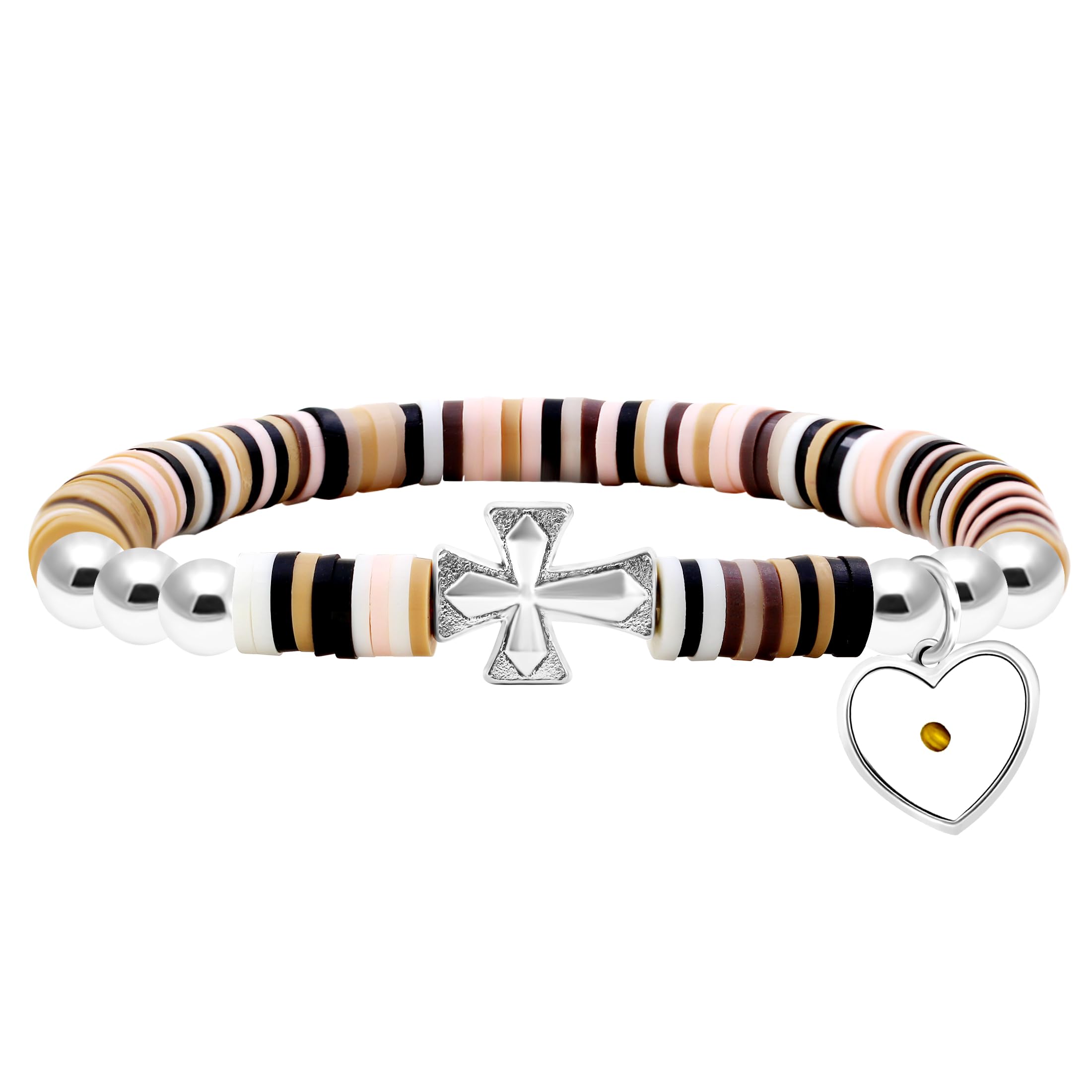 LLXYWJ Pulseras de Cuentas de Arcilla polimérica Heishi de Vinilo, Estilo Degradado, Pulsera Cruzada Lateral a la con Dije de corazón y semilla de Mostaza
