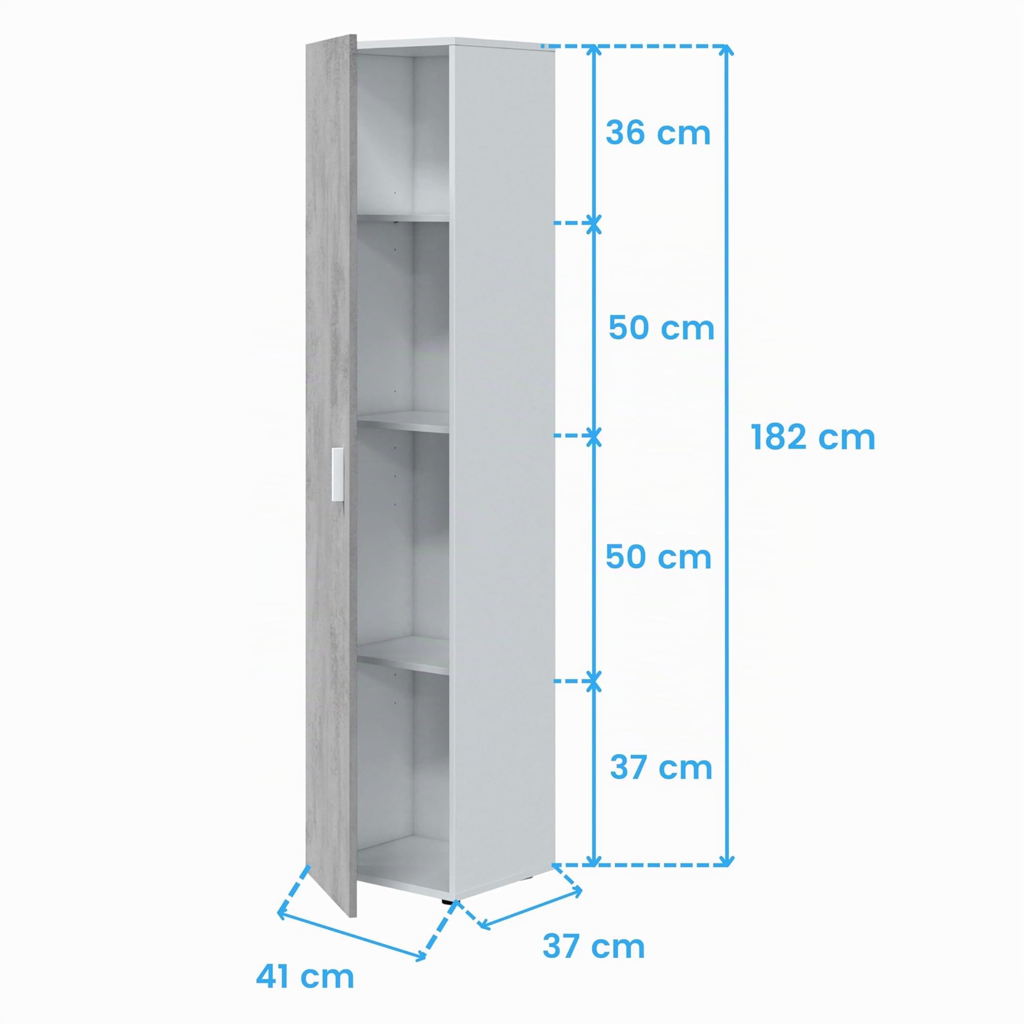 Habitdesign Armoire multifonction 1 porte 3 étagères 182 x 41 x 37 cm Colonne de rangement Blanc « Artik » et gris ciment