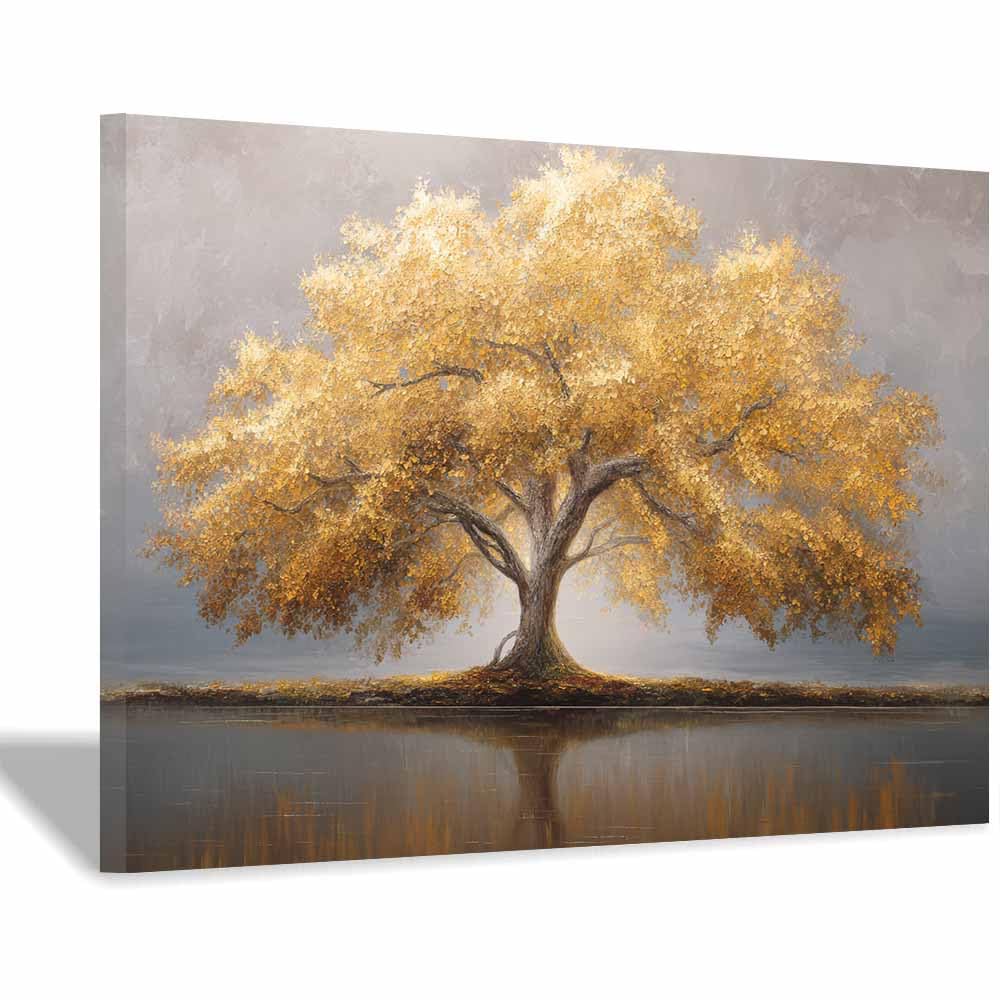 ZAMAEIU Tree of Life Painting Abstract Shadow-cast trees Panoramic Canvas Prints Pictures for Living Room Bedroom Home Office Wall Decoration(yellow)-20x30cm Framed
