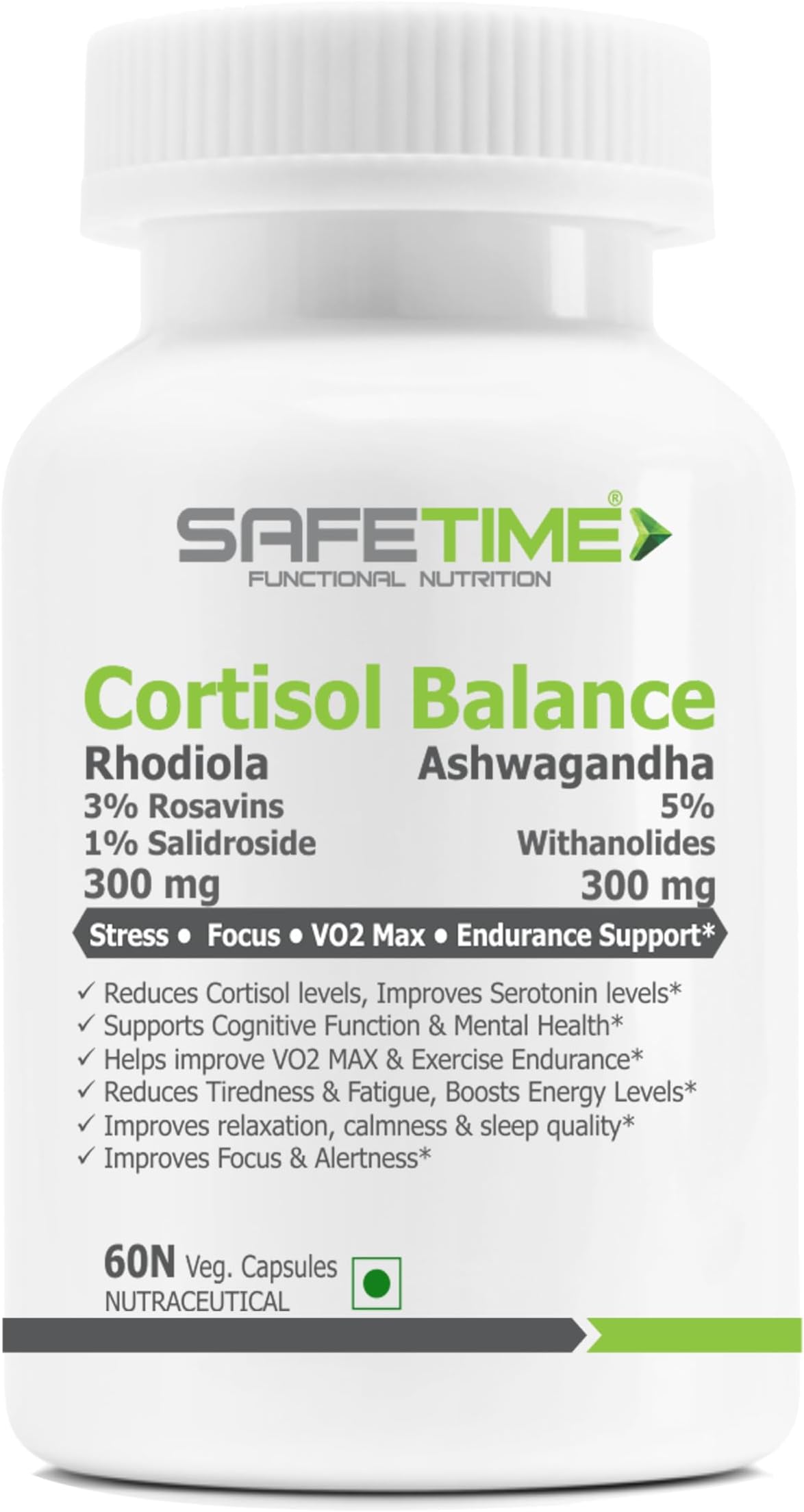- CORTISOL BALANCE Bioactive Rhodiola & Ashwagandha Stress, Focus, Energy VO2 Max (60 Veg Capsules) (Pack of 1)