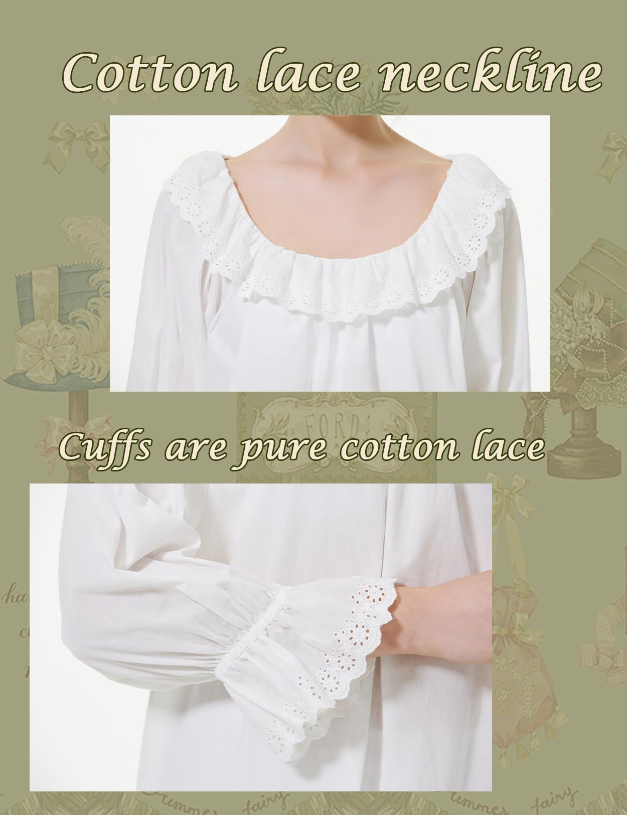 BEAUTELICATE Camisón de Algodón Victoriano Manga Larga Vintage Nightgown con Puños de Encaje y Cuello de Volantes Blanco