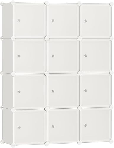 SONGMICS Cube Storage Organizer, Set of 12 Plastic Cubes, Closet Storage Shelves, DIY Plastic Closet Cabinet, Modular Bookcase, Shelving with Doors