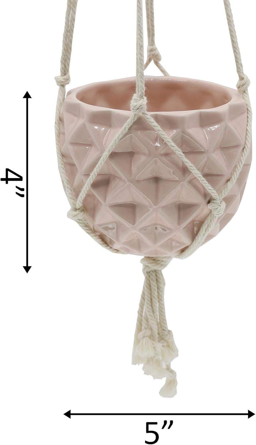 Flora Bunda Hanging Planter for Succulent 5" Ceramic Macrame Gloss Pink