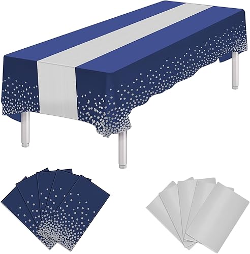 Paquete de 10 manteles rectangulares de plástico y satén con lunares azules y plateados para 10-12 personas, perfectos para baby shower, cumpleaños,