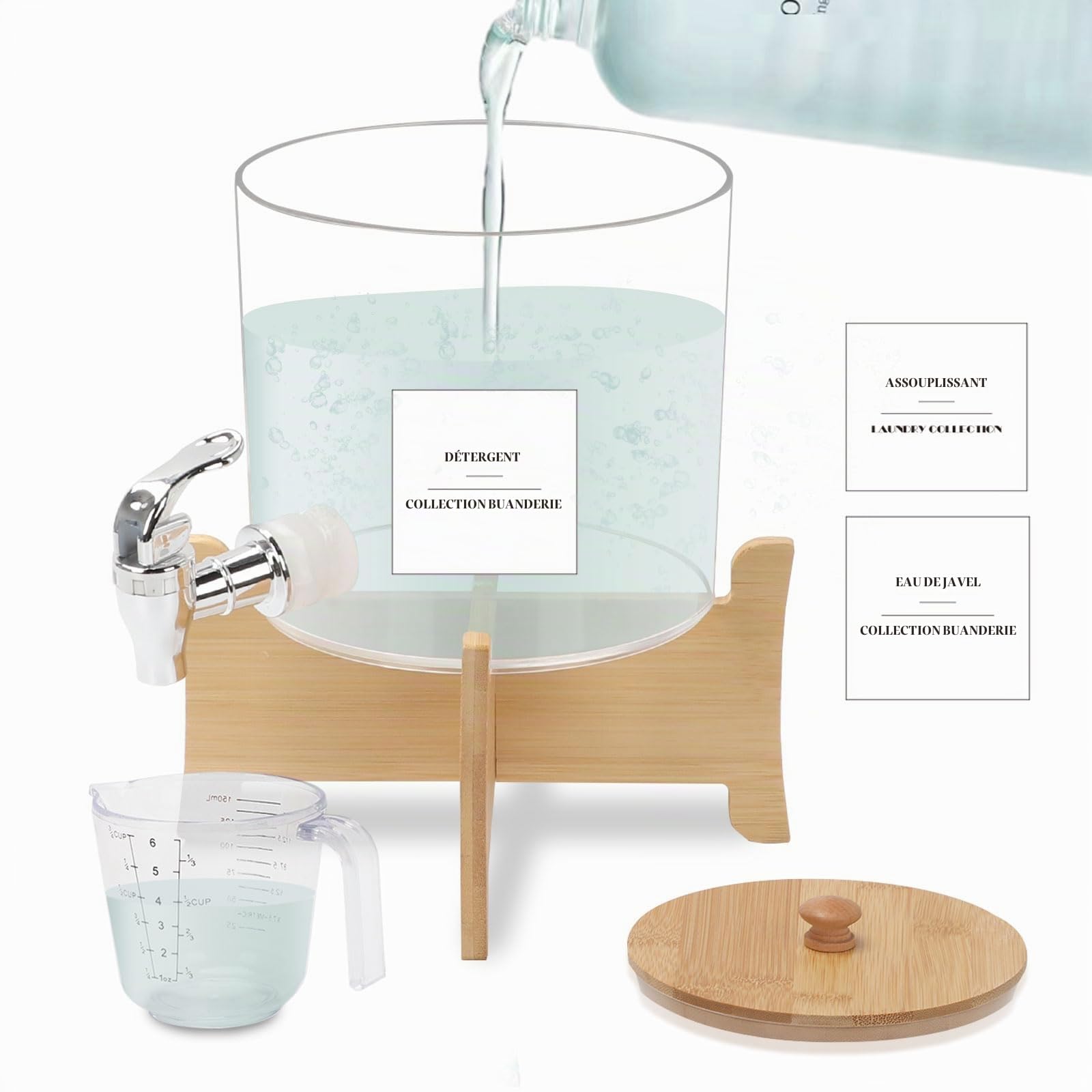 Distributeur de détergent à lessive de 2,5L avec Robinet, Bouteille de Rangement d'adoucissant, récipient de Stockage de Liquide de Lavage, bocaux à Linge avec Couvercle