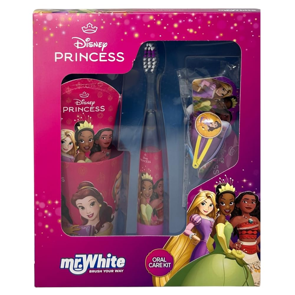 Ensemble d'accessoires de soins d'hygiène bucco-dentaire pour enfants Princesses Disney 4 pièces brosse à dents brillante dentifrice verre pinces à linge