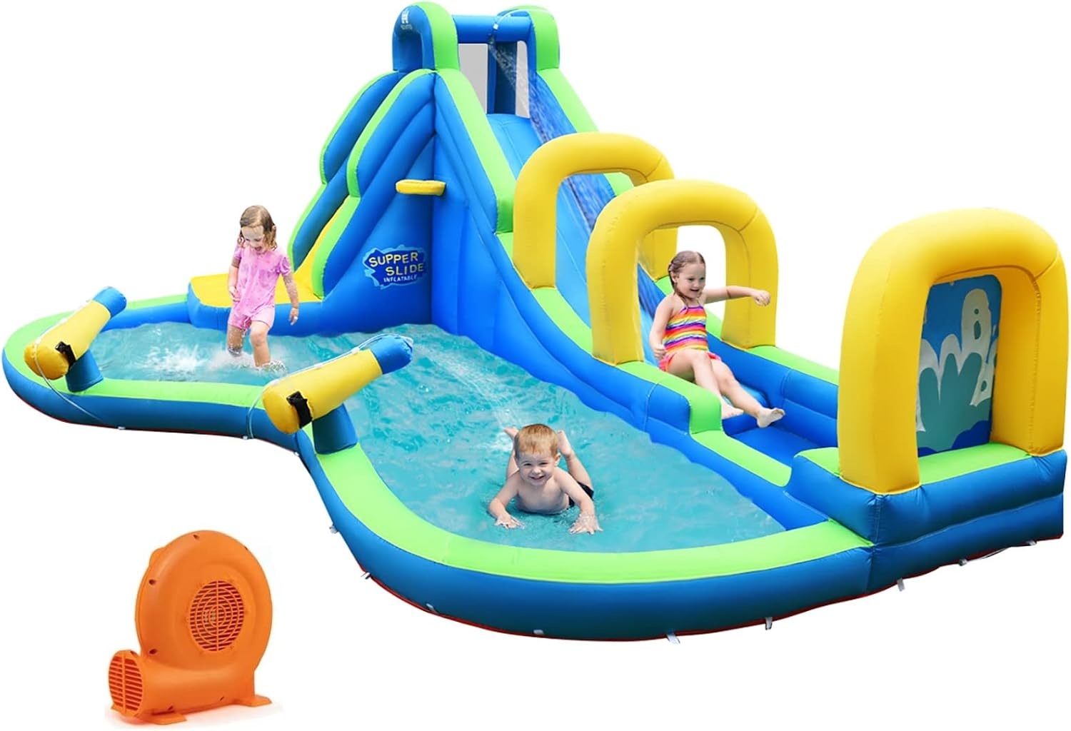 BOUNTECH Inflatable Water Slide, Adventure Surfing Slide Kids Water Park Jump Castle with Dual Cannons, Backyard Party Outdoor Blow Up Water Slides Inflatables with GFCI Blower for Big Kids