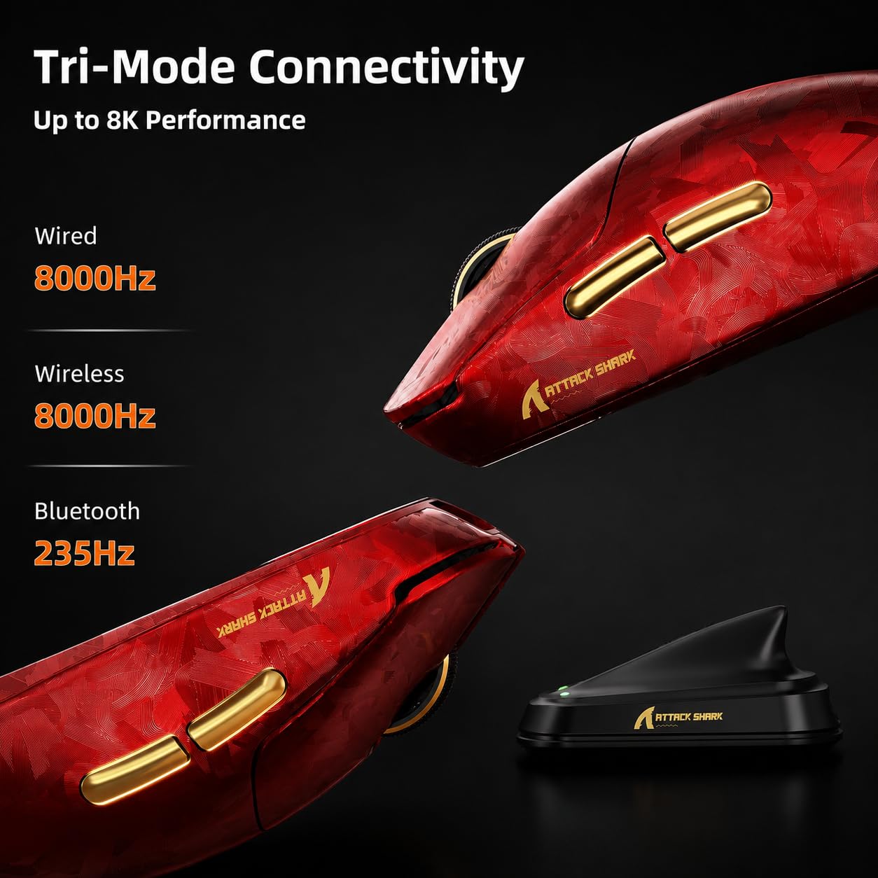 ATTACK SHARK RS3 Ultra Mouse Gaming Fibra Carbonio &Cavo C06Ultra-Rosso B | Doppio Tasso di Polling 8000 Hz, Sensore PAW3955MAX, MCU Nordic 54L15, Fino A 52.000 DPI, 20.000 FPS, Ultraleggera 63g