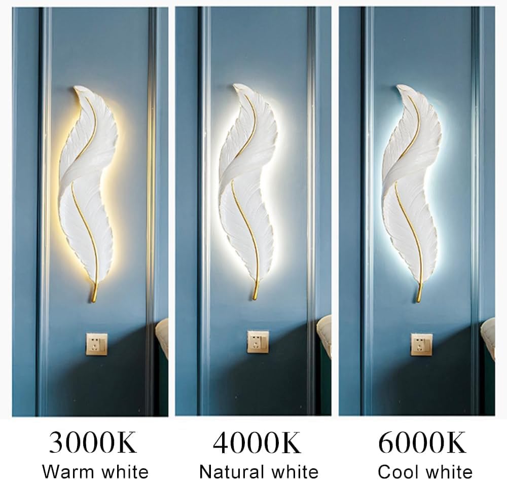 Modern Feather Wall Light LED Wall Sconce Lighting - Feather Design Wall Lamp, 3 Color Temperature Resin Wall Sconces Compatible with Bedroom Living Room Hallway Entrance