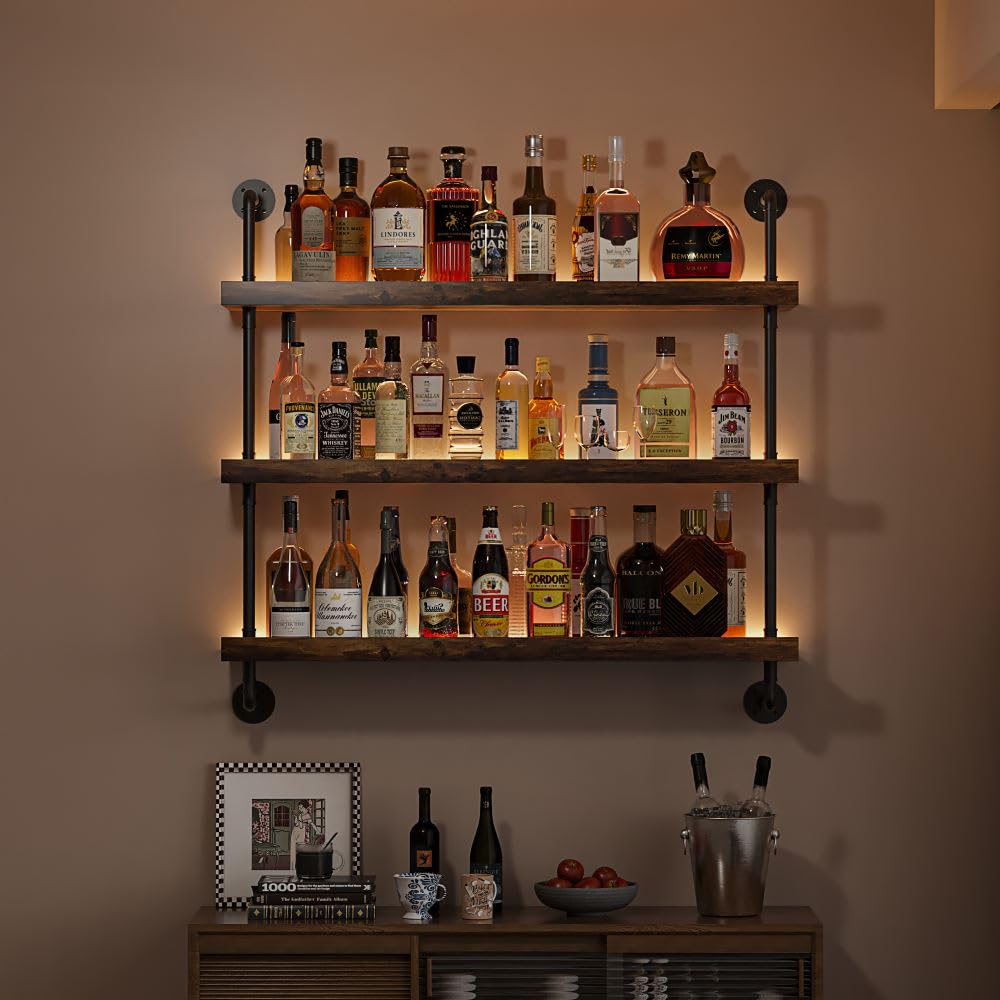 3-tier wall mounted wine rack with led,liquor bottles floating shelves display storage organizer for home bar dining room kitchen (31.5" w x 47.2" h)