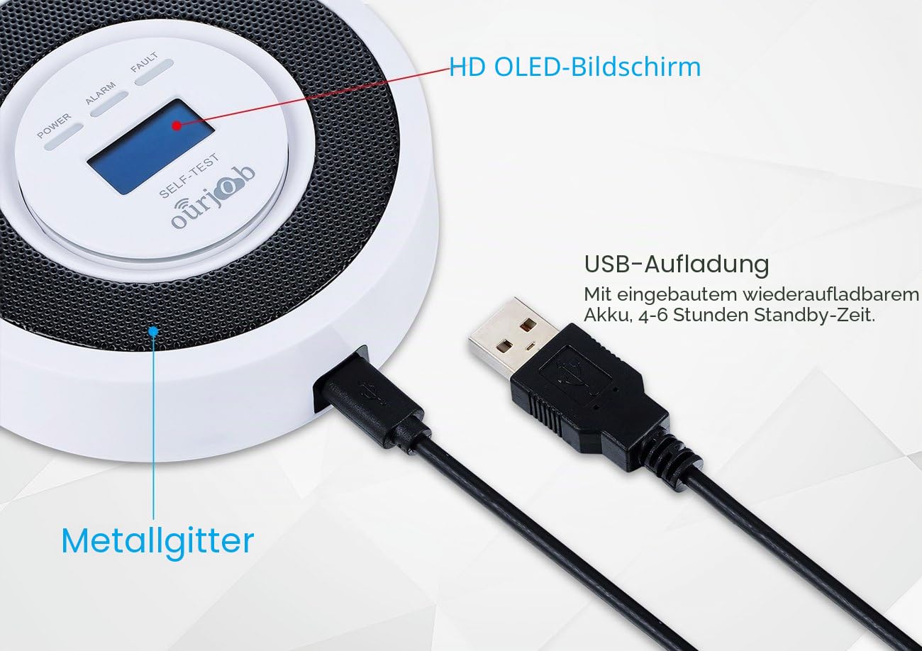 Gasmelder-Ourjob, Haushalts Erdgas Flüssiggas Stadtgas Alarme, Brennbaren Methan Propan Butan Gas Lecksucher Blinklichtalarm, mit USB-Stromversorgung und Digitalanzeige für Wohnwagen (Weiß)
