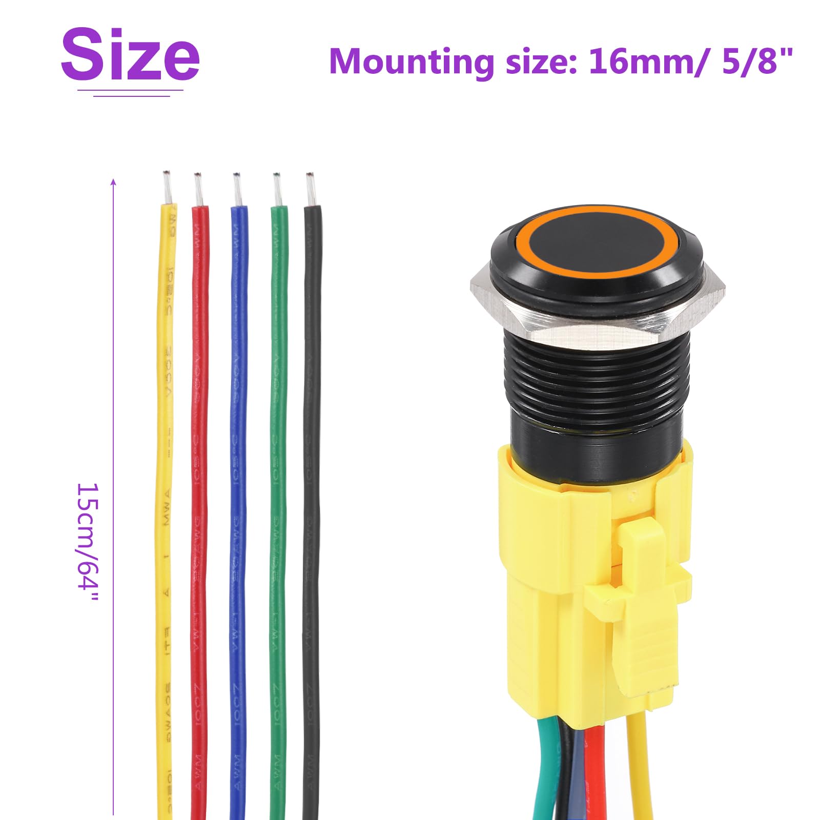 DMiotech 2 Pack 16mm / 5/8" Aluminium Alloy Momentary Push Button Switch 12V 24VDC with Orange LED Ring Head 1NO1NC Socket Plug with Wire for Car Boat Systems Custom Setups - Image 4
