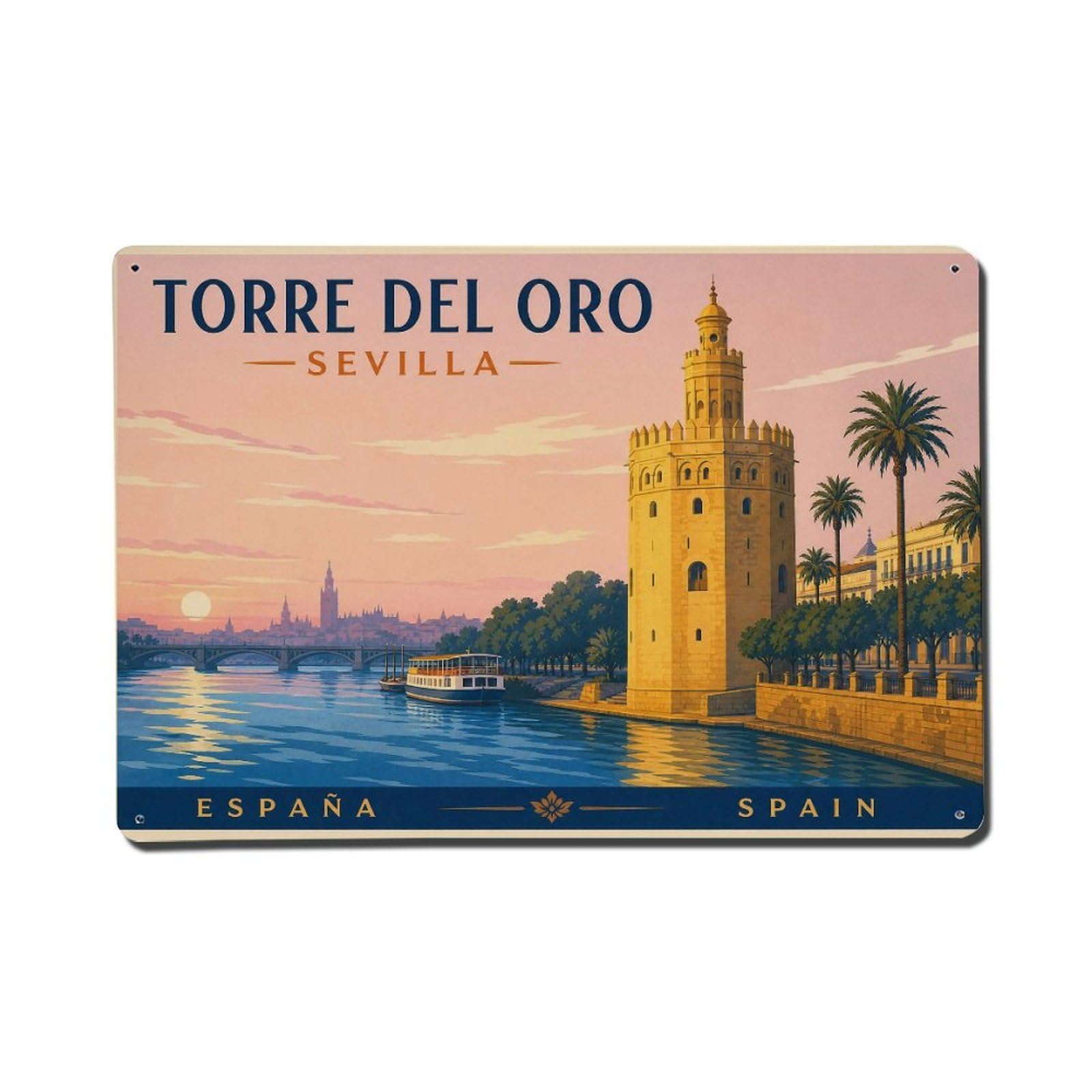 Yrnq 08X12inch Vintage Style Vintage Torre Oro Dawn Morning Light Golden Tower Spain Metal Tin Sign