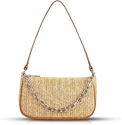 QTKJ Straw Bag, Beach Bag, Hand-Woven Soft Handbag Underarm Bag With Decorative Chain, Bohemian Summer Bag Suitable for Vacation Travel Daily(Khaki)