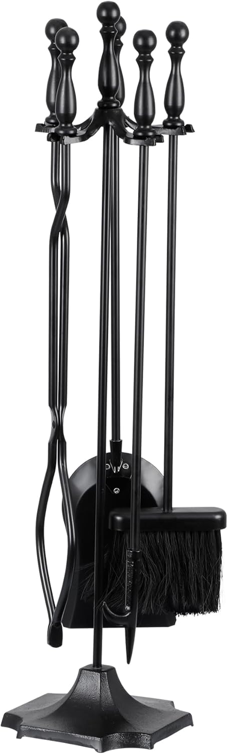 F2C 5-Piece Fireplace Tool Set, Wrought Iron Fireside Accessories with Stand, Poker, Tongs, Shovel, Brush for Indoor Wood Stove and Fire Pit, Black 31-Inch
