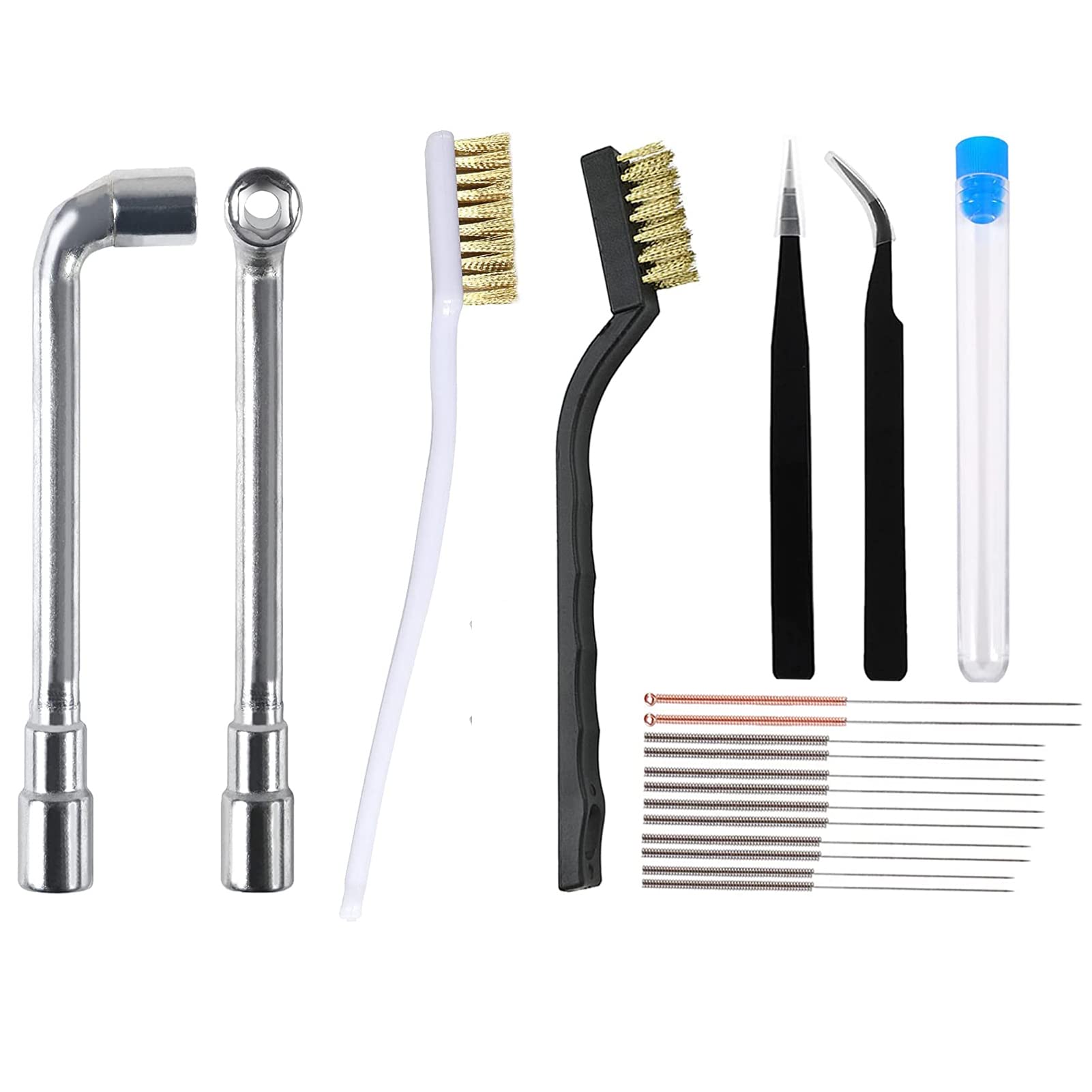 3D Printer Nozzle Wrench Cleaning Kit, 6mm 7mm L-Shaped Hexagonal Wrench Tool,10 Nozzle Cleaning Pins with Storage Box, 2 Cleaning Copper Wire Brush Included 2 Tweezers (7 Tools)